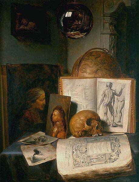 Vanitas still life with skull, books, prints and paintings